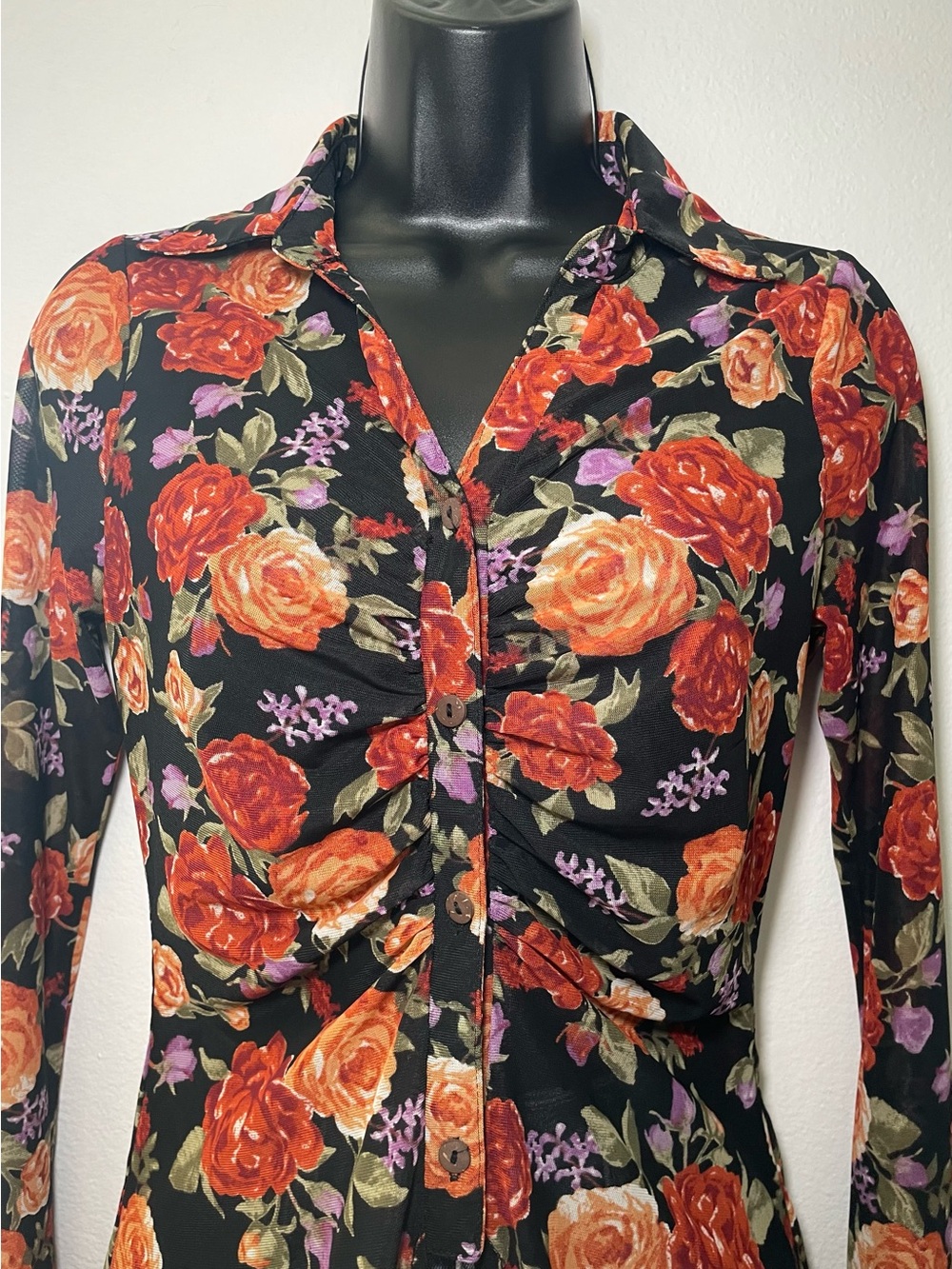 Ember Floral Mesh Button Front Top Small Black Rose Print Long Sleeve Y2K Sheer - Picture 5 of 8